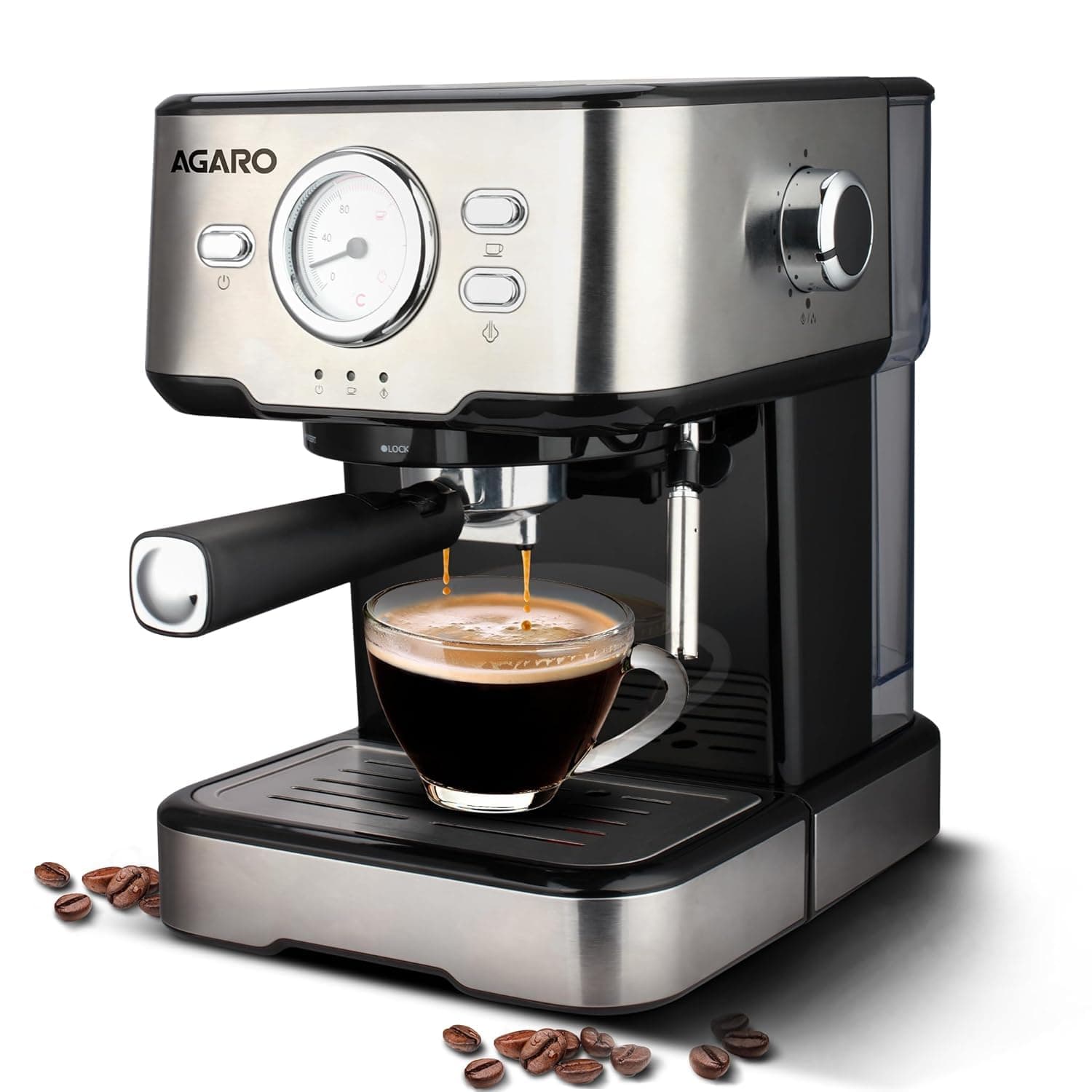 AGARO Imperial Espresso Coffee Maker Machine For Home, 15 Bar, 1100 W, Adjustable Milk Frothing Wand & Double Temperature Control System, Espresso, Cappuccino, Latte, Mocha, Cold Coffee