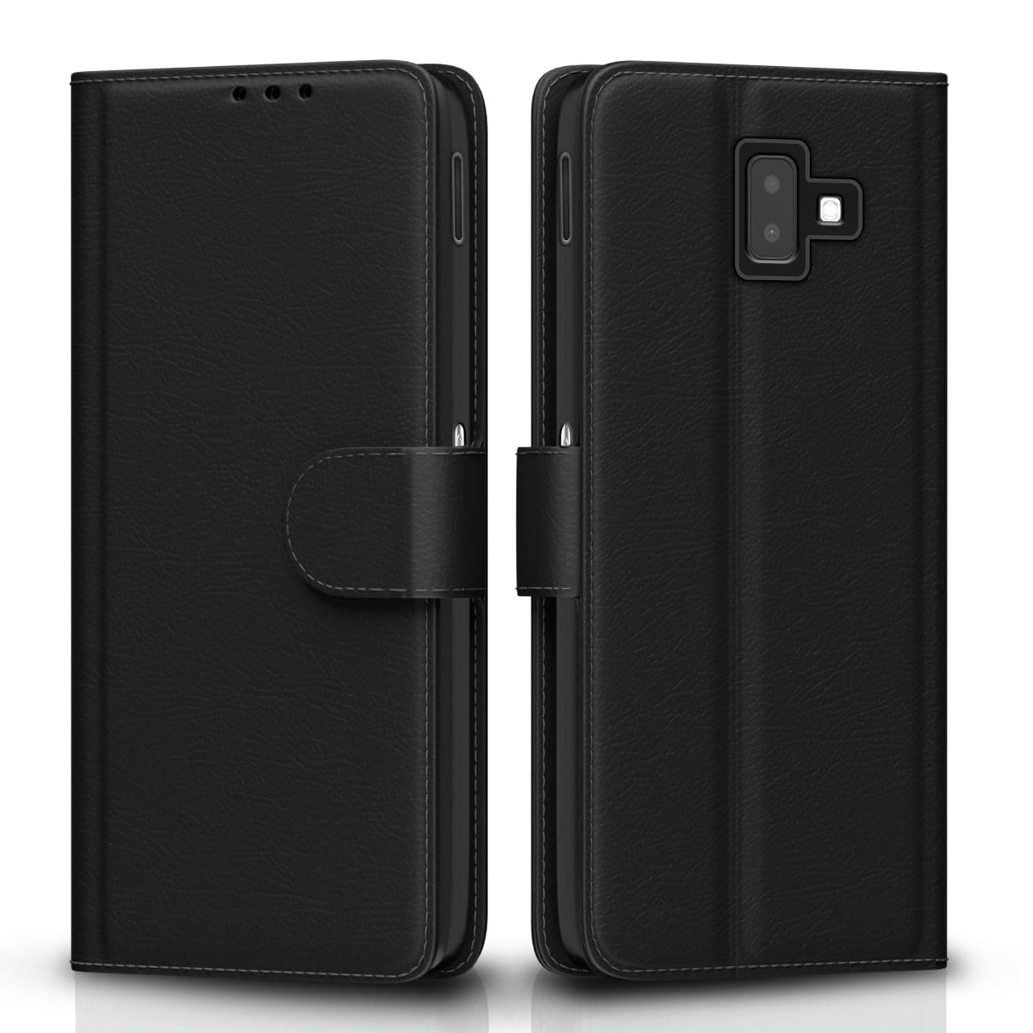Pikkme Samsung Galaxy J6 Plus Flip Case Leather Finish | Inside TPU with Card Pockets | Wallet Stand and Shock Proof | Magnetic Closing | Complete Protection Flip Cover (Black)