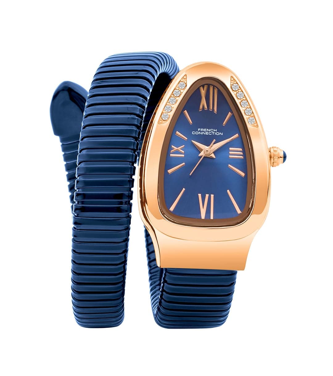French Connection Eternelle Curve | Blue Dial with Rose Gold Case | Flexible Wrap Bracelet Strap | Crystal Accent Design | Roman Numerals Analog Watch for Women - FCN0142UM