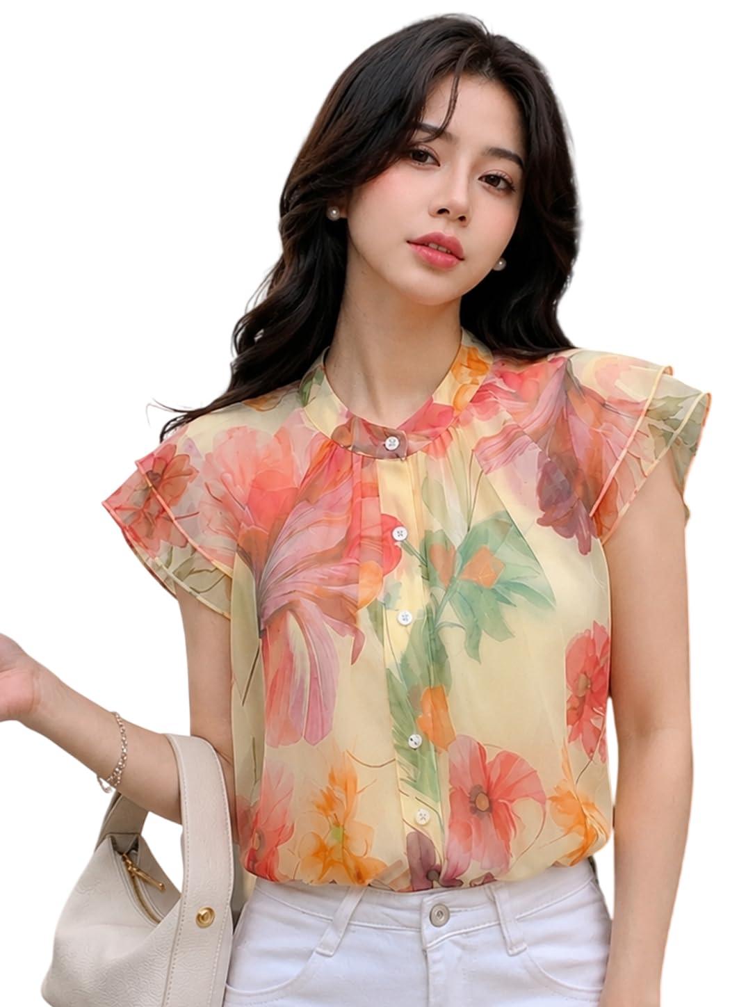 Ferry London Women’s Floral Chiffon Ruffle Sleeveless Shirt | Lightweight Summer Casual Top | Button-Down Stylish Shirt for Womes