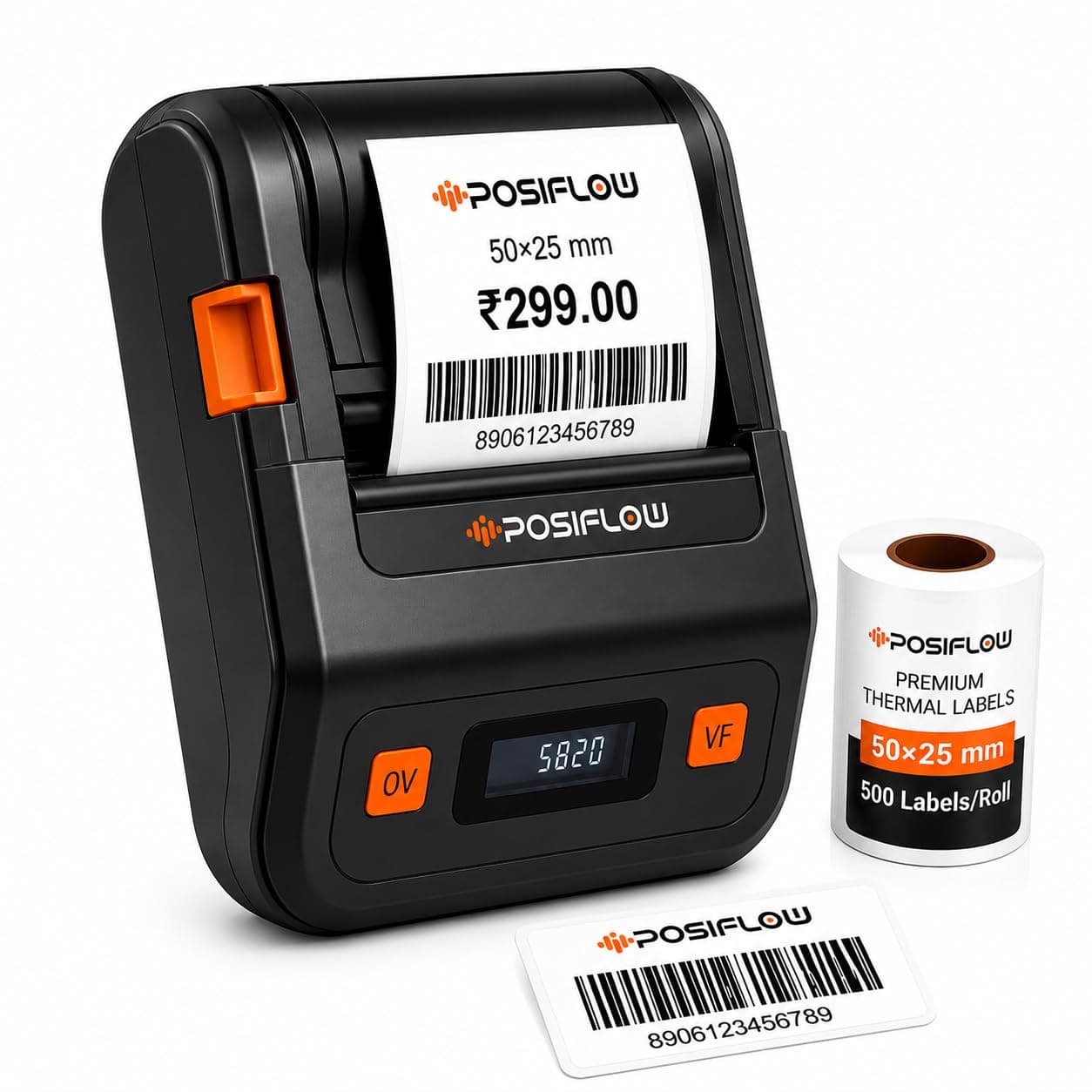 POSiFLOW PSF20 58mm Inkless Thermal Portable Printer | Bluetooth & USB Receipt, Barcode & Label Printer for Shops & Retail Use | Mobile & PC Support | 200 Labels Included | Color: Back/White