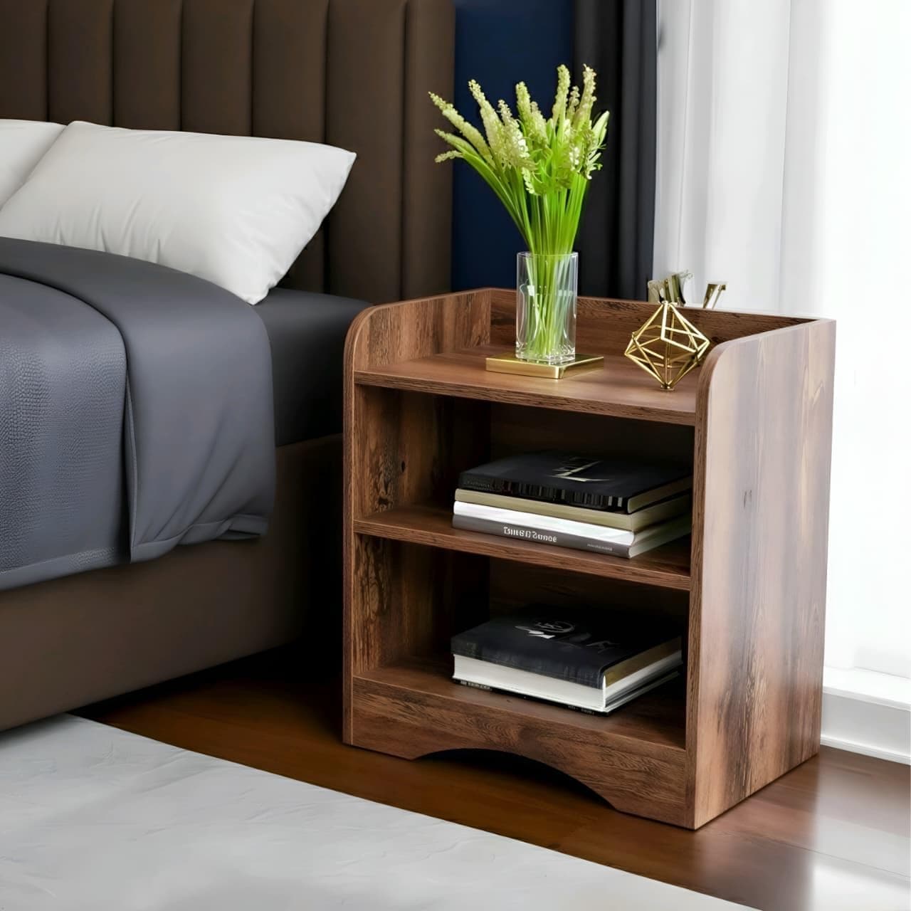 Shoper cart Side Tables for Bedroom, Bed Side Tables for Bed Room, Wooden End Table with Open Shelves, Bedside Table with Storage, Natural Wood Finish (Rustic)