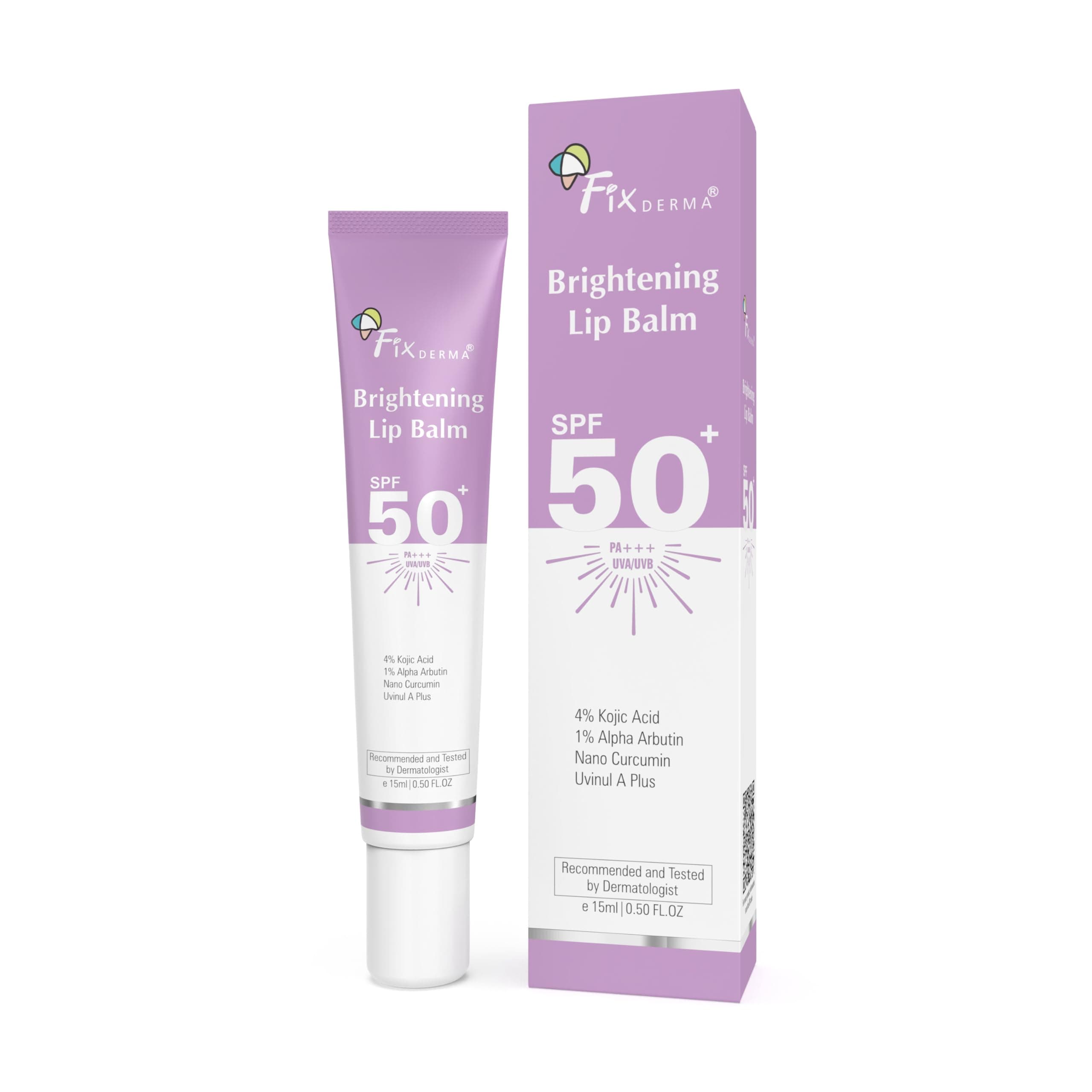 Fixderma Brightening Lip Balm With SPF 50 PA+++ for Pigmented & Dry Lips | 4% Kojic Acid, 1% Alpha Arbutin | Moisturizes, Hydrates & Brightens Pigmented Lips | For Men & Women - 15ml