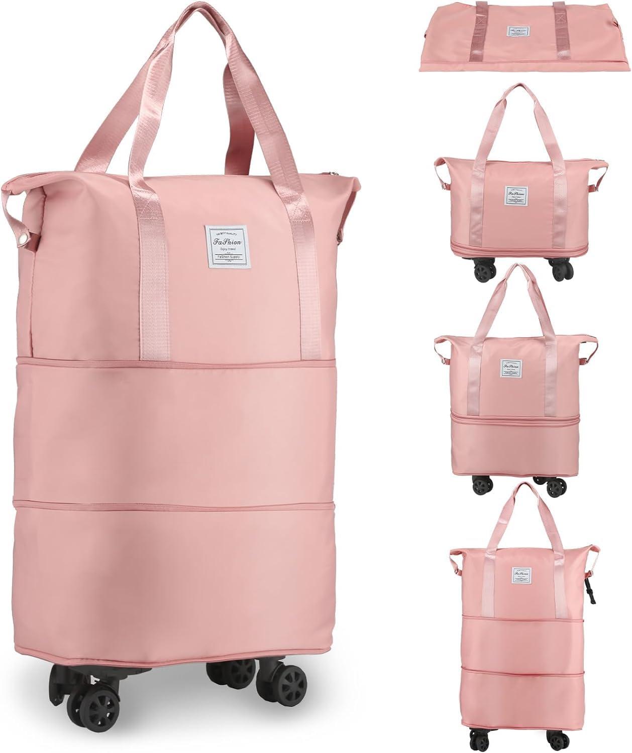 Homzexa Wheel Bags for Travel Luggage Carry on Duffel Bag, Expandable Foldable Luggage Bag, Dry and Wet Separation Rolling Bag, Travel Totes for Women & Men (1Pcs)(Peach)-JE