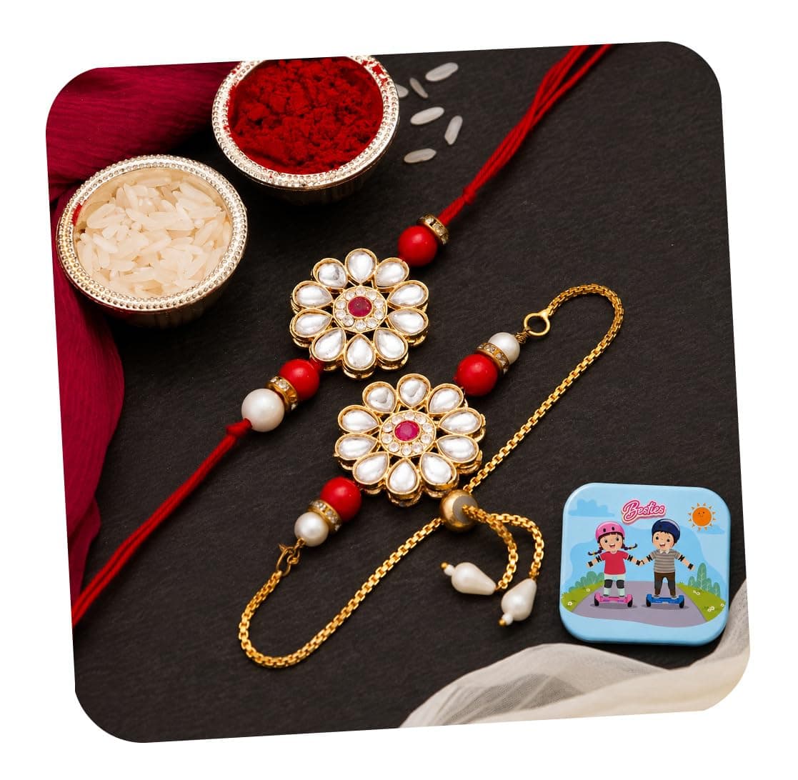 CraftVatika Rakhi Set for Brother and Bhabhi Rakhis for Rakshabandhan, Designer Floral Rakhi for Bhaiya Kundan Lumba Braclet for Bhabhi Couple Set of 2 Raksha Bandhan Fridge Magnet for Door Decor