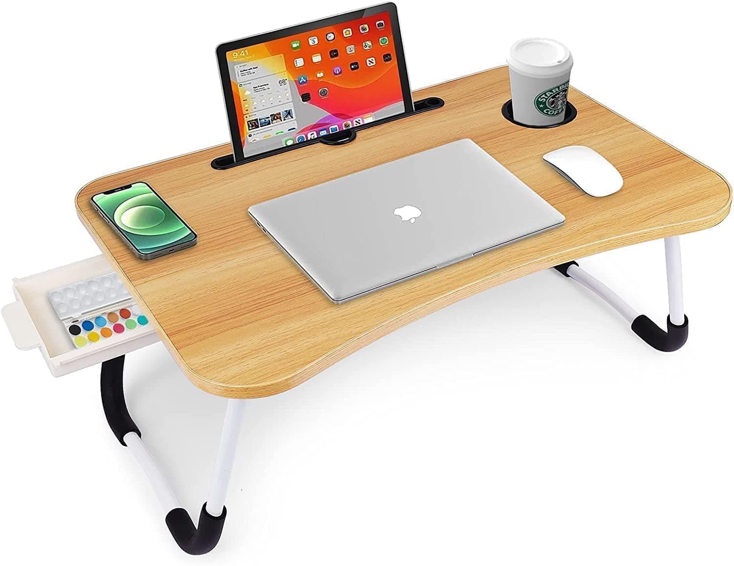 TEKCOOL Study Table Foldable Wooden Laptop Bed Tray Table, Multifunction Lap Tablet Desk with Cup Holder, Perfect for Eating Breakfast, Reading Book, Working, Watching Movie On Bed, 60 cm