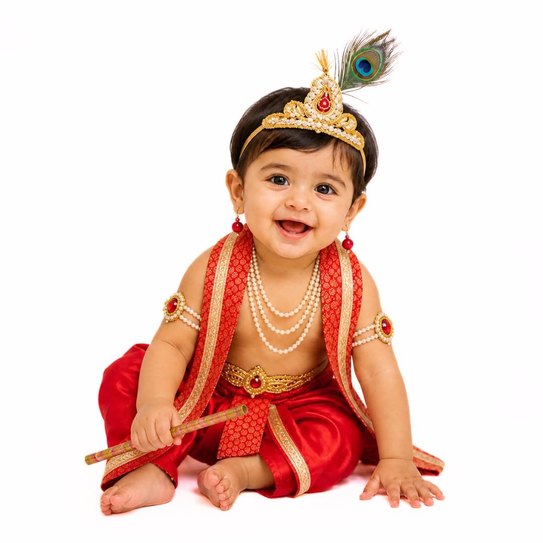 ITSMYCOSTUME Krishna Dress for Baby Boys & Girls | Little Krishna Costume Set with Dhoti, Mukut, Morpankh, Bansuri, Patka & Accessories | Janmashtami Fancy Dress for Kids (Red)