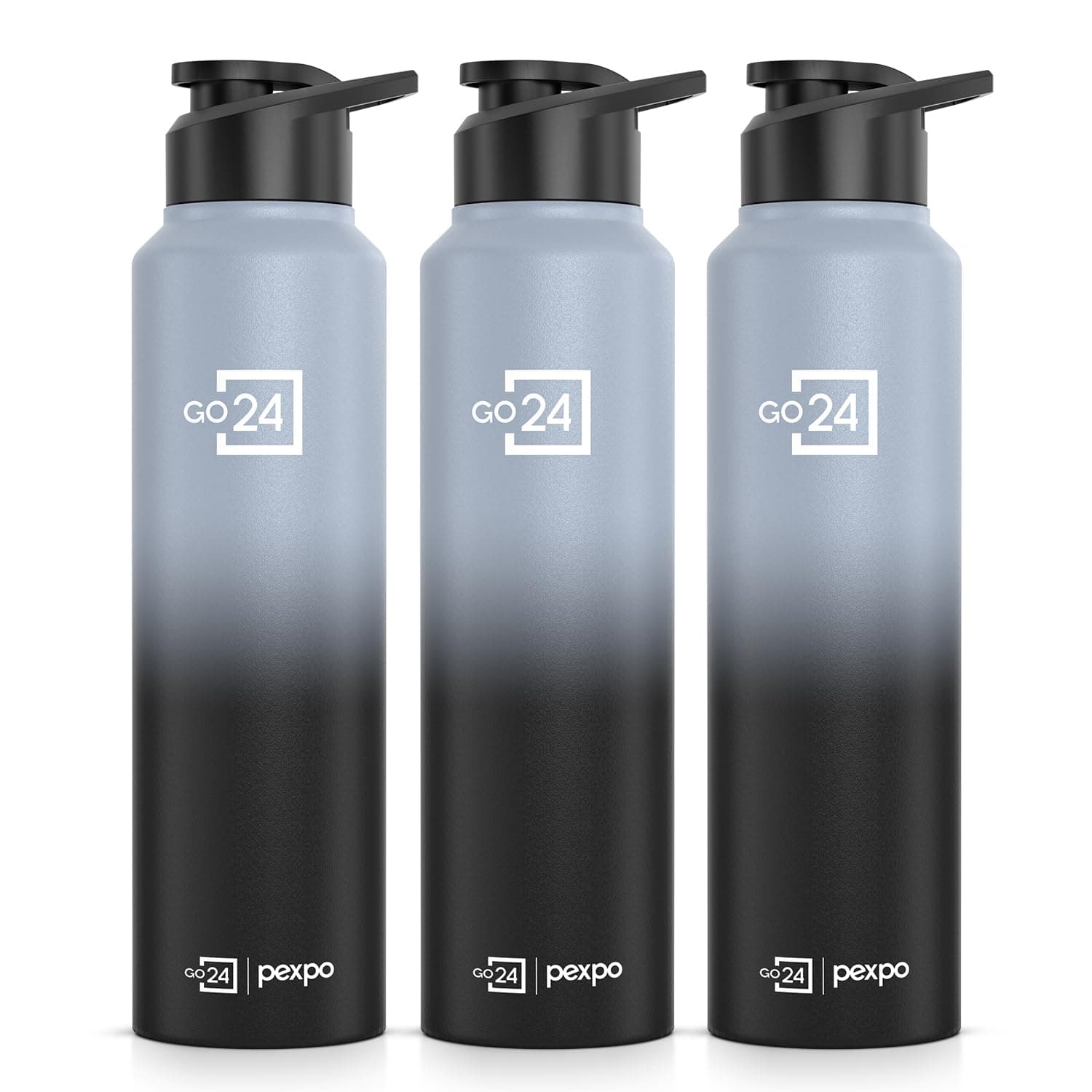 Go24 pexpo Water Bottle 1 ltr Stainless Steel Sports/Fridge Bottle with Sipper Cap (Pack of 3)| 1-Year Warranty | Single Wall| For Home, Office, Gym, Travelling | Craft Pro 950ml | Grey - Black Ombre