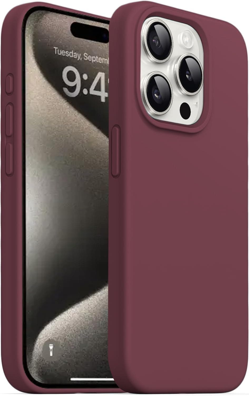 DIZORO Compatible For iPhone 15 Pro Max Case 6.7, Slim Liquid Silicone Case 3 Layers Full Covered Soft Gel Rubber Phone Case Protective Cover 6.7 Inch - Wine Red