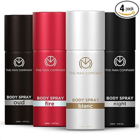 The Man Company Long Lasting Deodorant Gift Set for Man - 150ml (Pack of 4) | Blanc, Fire, Night & Oud | Body Spray Gift Set | fresh scent for daily office wear | Long-Lasting Smell | Aerosol | Valentine Gift For Man
