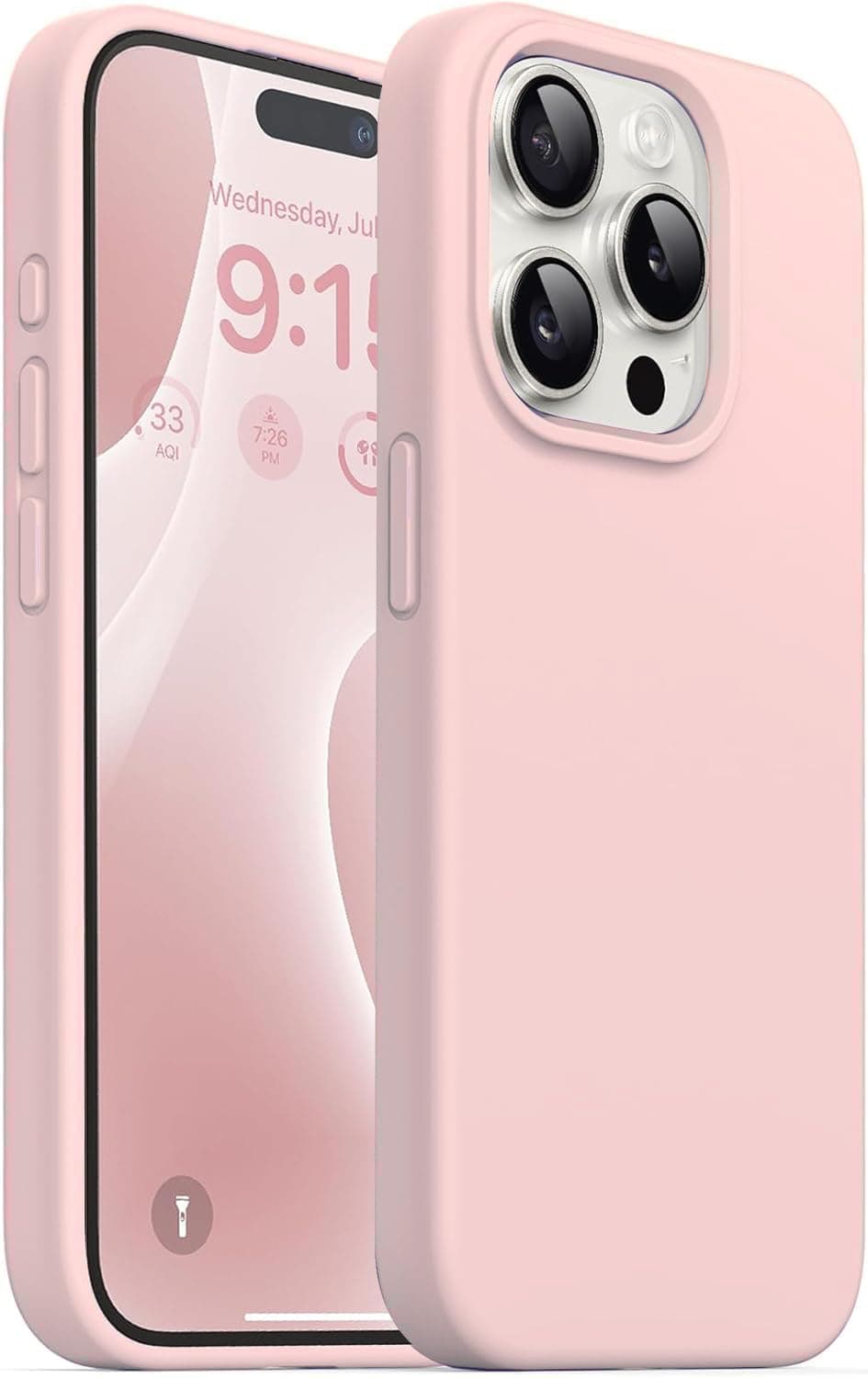 DIZORO Compatible for iPhone 15 Pro Case 6.1, Slim Liquid Silicone 3 Layers Full Covered Soft Gel Rubber Phone Silicone Case Protective Cover 6.1 Inch - Sand Pink
