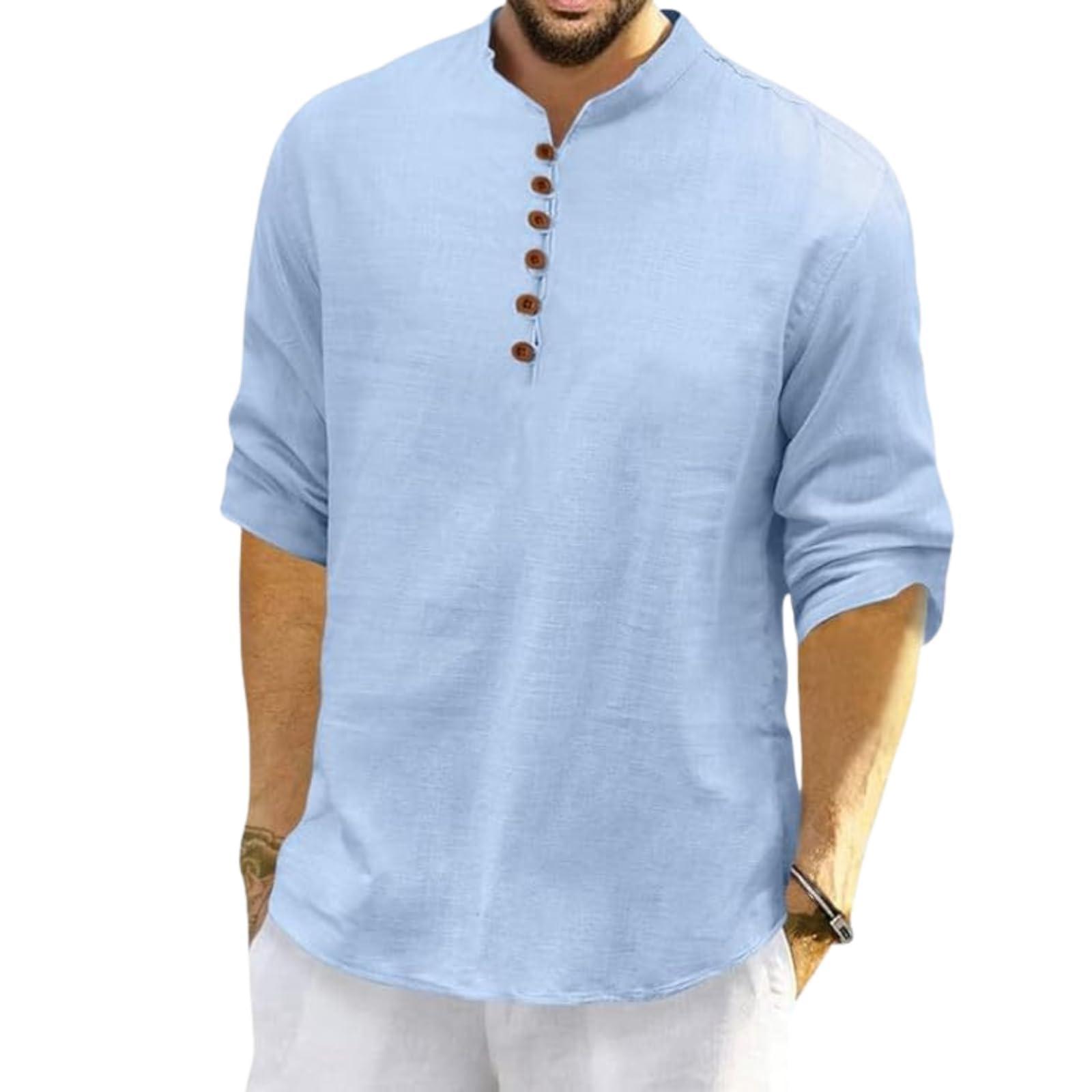ROYALSCOUT Men's Cotton Polyester Blend Solid Regular Fit Full Sleeve Short Kurta | Ethnic, Lightweight Summer Kurta for Daily & Occasion Use Sky