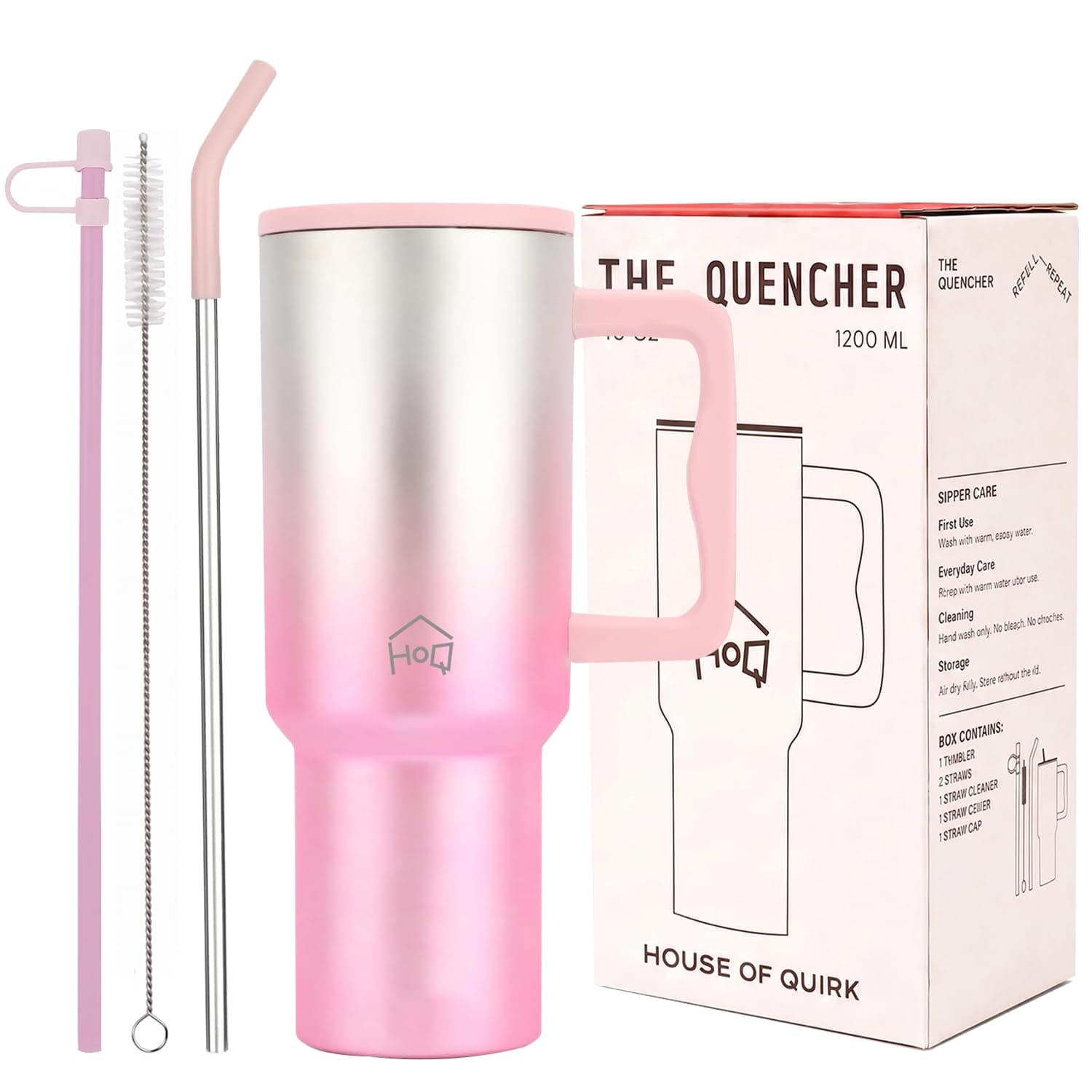 House of Quirk 1200ML Stainless Steel Tumbler with Handle & Lid, 2 Straws – Large Travel Mug Water Cup for Gym, Office & Outdoor Use (Electric Pink)