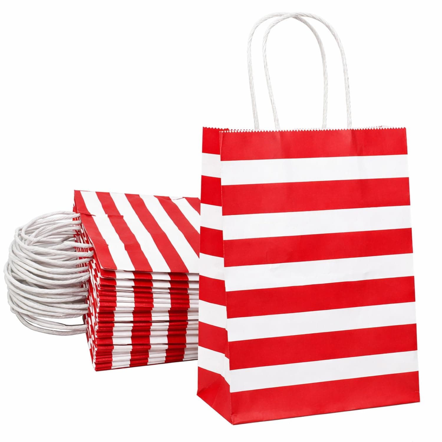 Aakriti Paper Gift Bags | Return Gift & Shopping Bags with Handles | Ideal for Party Favors, Retail Packaging | Red White Striped Design (Red And White 50 pcs, Size 10 x 4 x 12 Inches (L x W x H) Medium