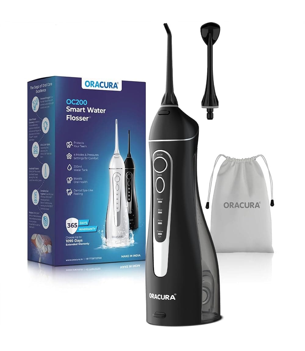 ORACURA® Smart PLUS Water Flosser® OC200 LITE Black comes with 2 Nozzle tips | Portable & Rechargeable | Custom 8 Water Pressure Settings | 200ml Water Tank Capacity | IPX7 Waterproof | 365 Days Warranty