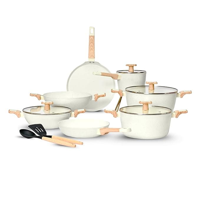 Kreme Ceracook Ceramic Coated Granite 13 Pc Cookware Set 2X Spatulas, ISI Certified, Forged Aluminium, Gas & Induction Use, Non Toxic PFAS & PTFE Free, 1 Year Warranty, Ivory
