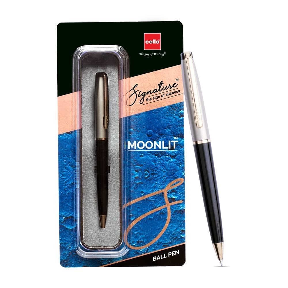 Cello Signature Moonlit Ball Pen|Blue Ink|1 Ball Pen|White Gold, Gold and Black Finish|Premium Metal Pens for Office Use|Stylish Gifts for Christmas and New Year|Gifts for Men and Women