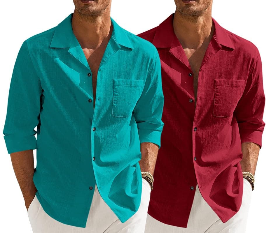 MADHAVISTA Combo of Men’s Casual Cotton Blend Shirt || Long Sleeve Button Down with Spread Collar | Lightweight Breathable Fabric | Stylish Solid Shirt for Beach, Office & Everyday Wear Pack of 2