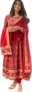 Km exports Women's Cotton Anarkali Embroidery Designer Long Anarkali Kurti With Pant and Dupatta Set (Red)