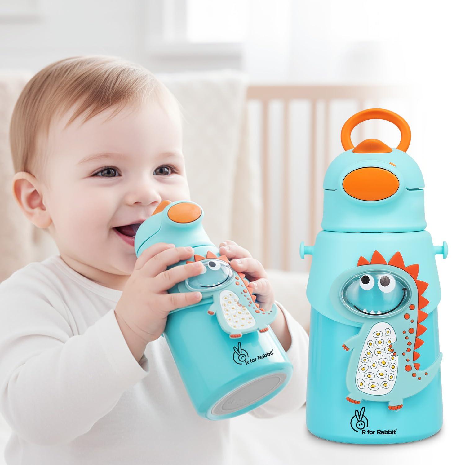 R for Rabbit Steebo Zoobie Premium Stainless Steel Water Sipper for Kids, Spill Proof BPA Free Soft Silicone Straw Drinking Sipper for Kids (550ml, Blue Dino)