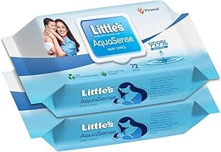 Little's AquaSense Baby Wipes | Made of 99.9% Purified water | Unscented | 100% Biodegradable | Plant-based Active | Pack of 2 x 72 Count | Aloevera | Pure Water Wipes for Sensitive Skin