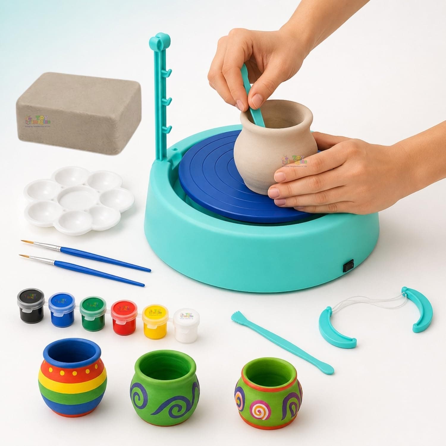 Toy Imagine Kids Pottery Wheel Kit – DIY Battery Operated Pottery Making & Painting Set with Modeling Clay, Sculpting Tools, Arts & Crafts Pot Maker for Boys & Girls Age 5+, Indoor Outdoor Activity, Diwali Gift