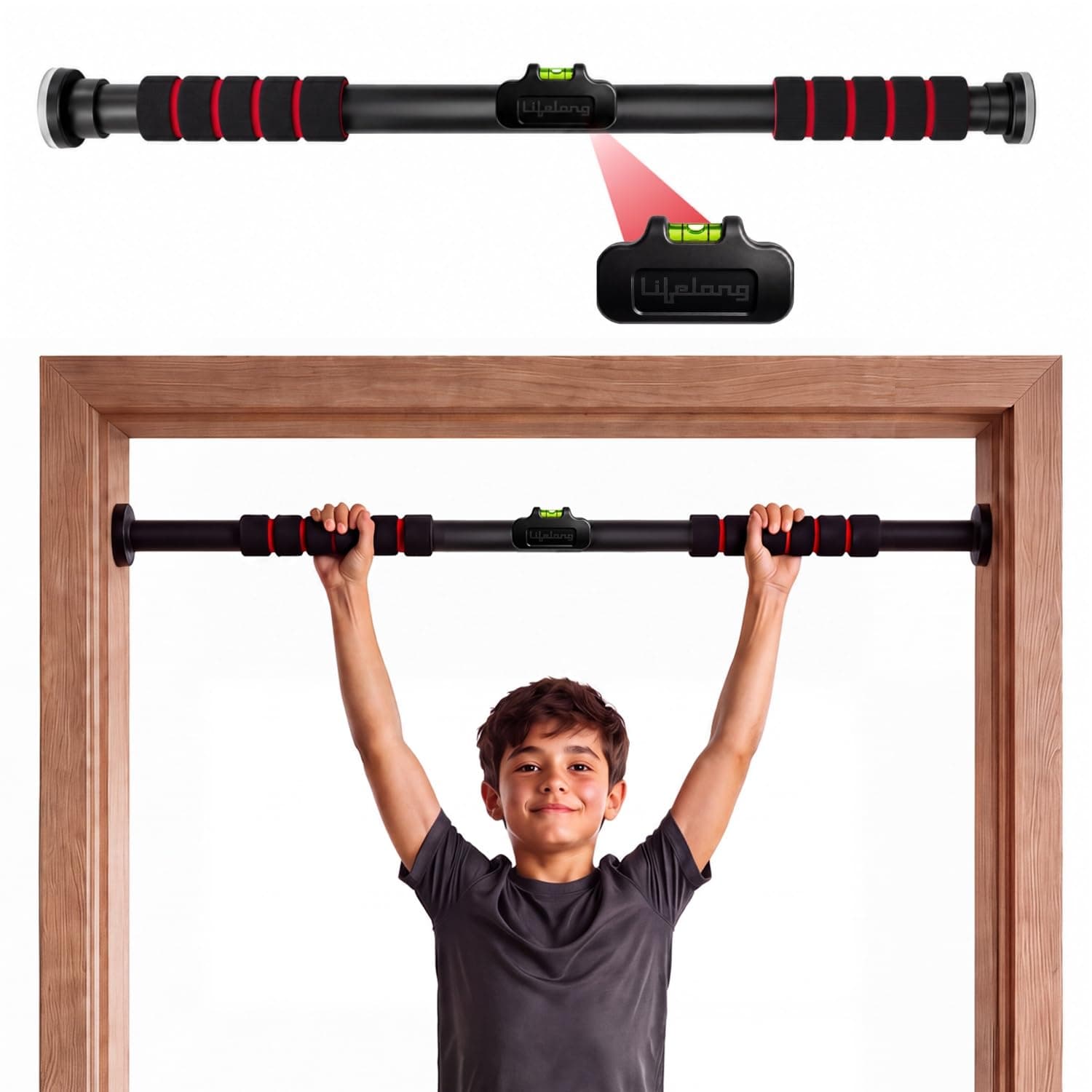 Lifelong Pull Up Bar for Home| Adjustable 62–100 cm Doorway Pull Up Bar with Built-in Leveller |No Drill Installation |100kg Capacity, Anti-Slip Lock, Foam Grip Handles |Gym Equipment for Home Workout