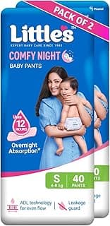 Little's Baby Diapers S Size (Small) Pants Style | 4-8 kg | 80 Count | Comfy Nights Baby Diaper Pants with Leakage Guard & Upto 12 Hours Absorption (40 Count, Pack of 2)