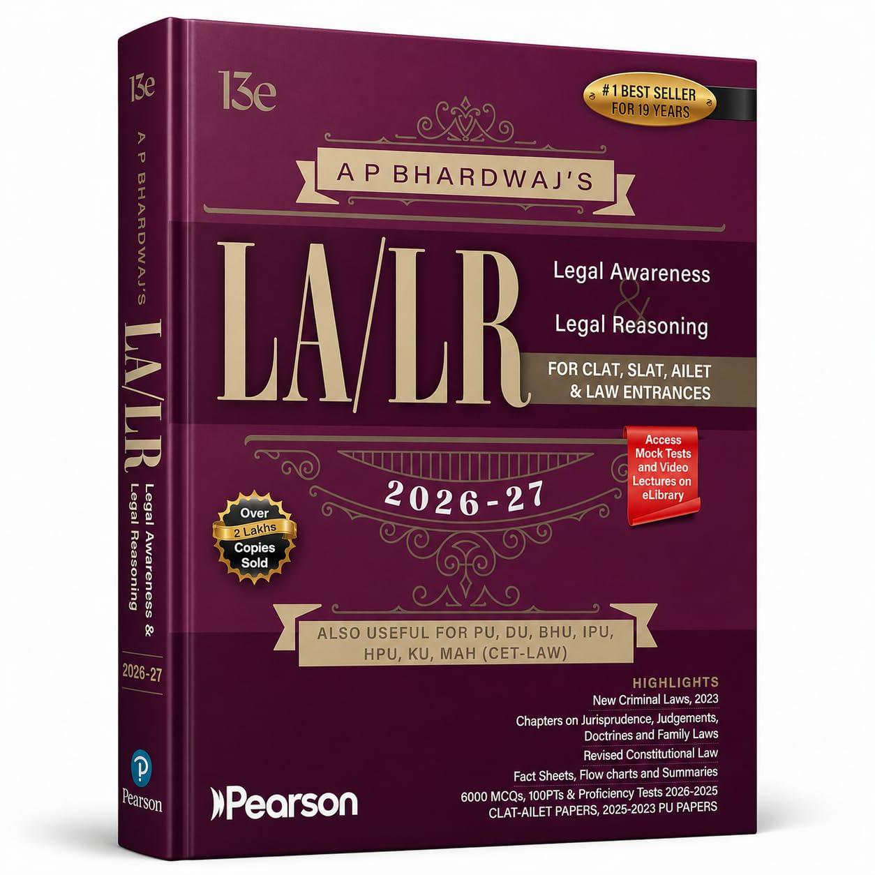 Pearson Legal Awareness & Legal Reasoning (LA/LR) 2026–27 for CLAT, SLAT, AILET |Also Useful for DU, BHU, IPU, HPU, KU & MAH (CET Law) Entrance Exams | CLAT & AILET 2026 and PU papers (2023–2025)