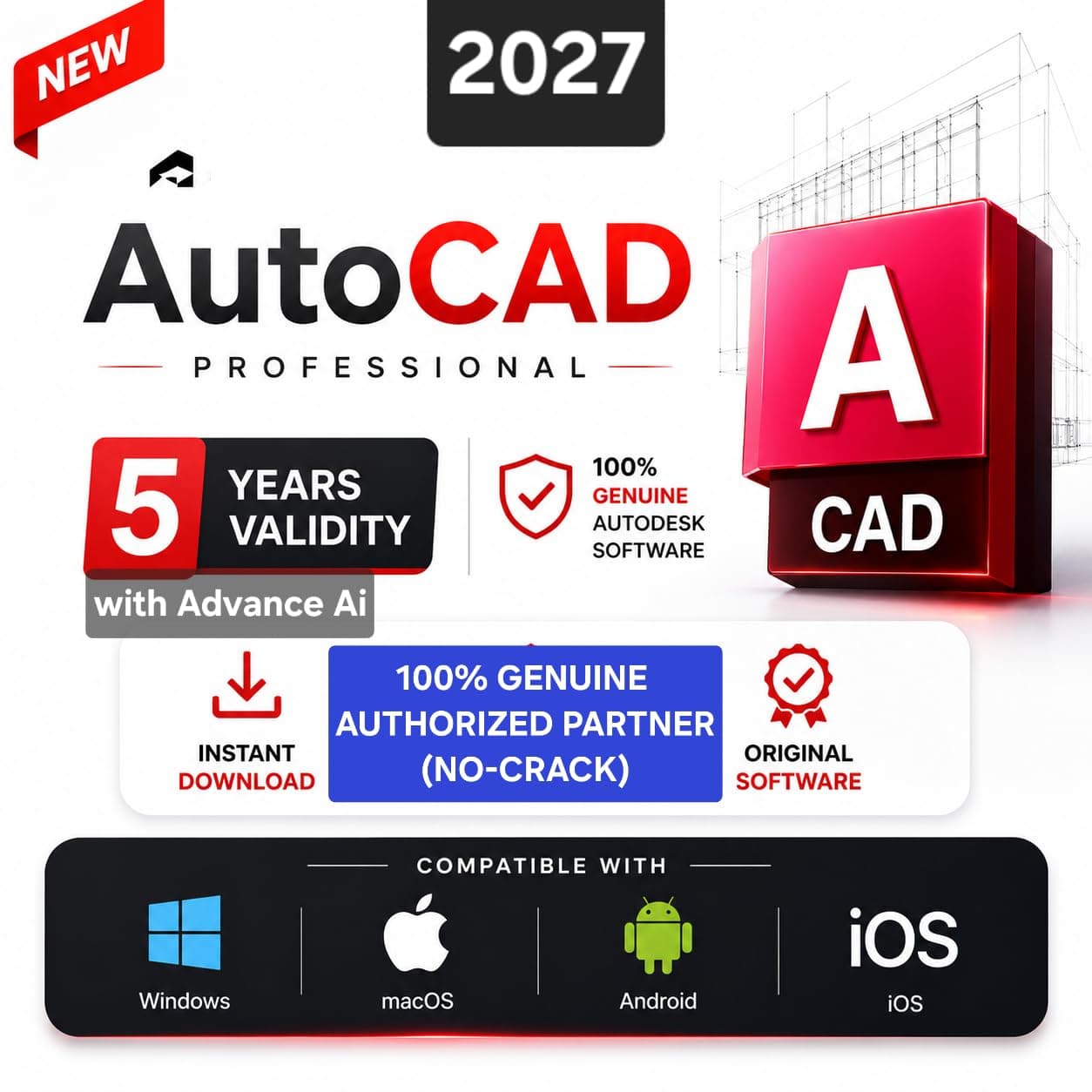 AutoCAD 5 Years 100% Genuine License (Latest 2027 Edition with Advance Ai) 5 Years Subscription NEW 100% Genuine (3 Users/ 3 Devices) (For Windows, MacOS, Android, iOS, M1, M2, M3, M4, M5) (INCLUDES 100+ Specialized Toolsets, architecture, engineering, Agriculture & more.)