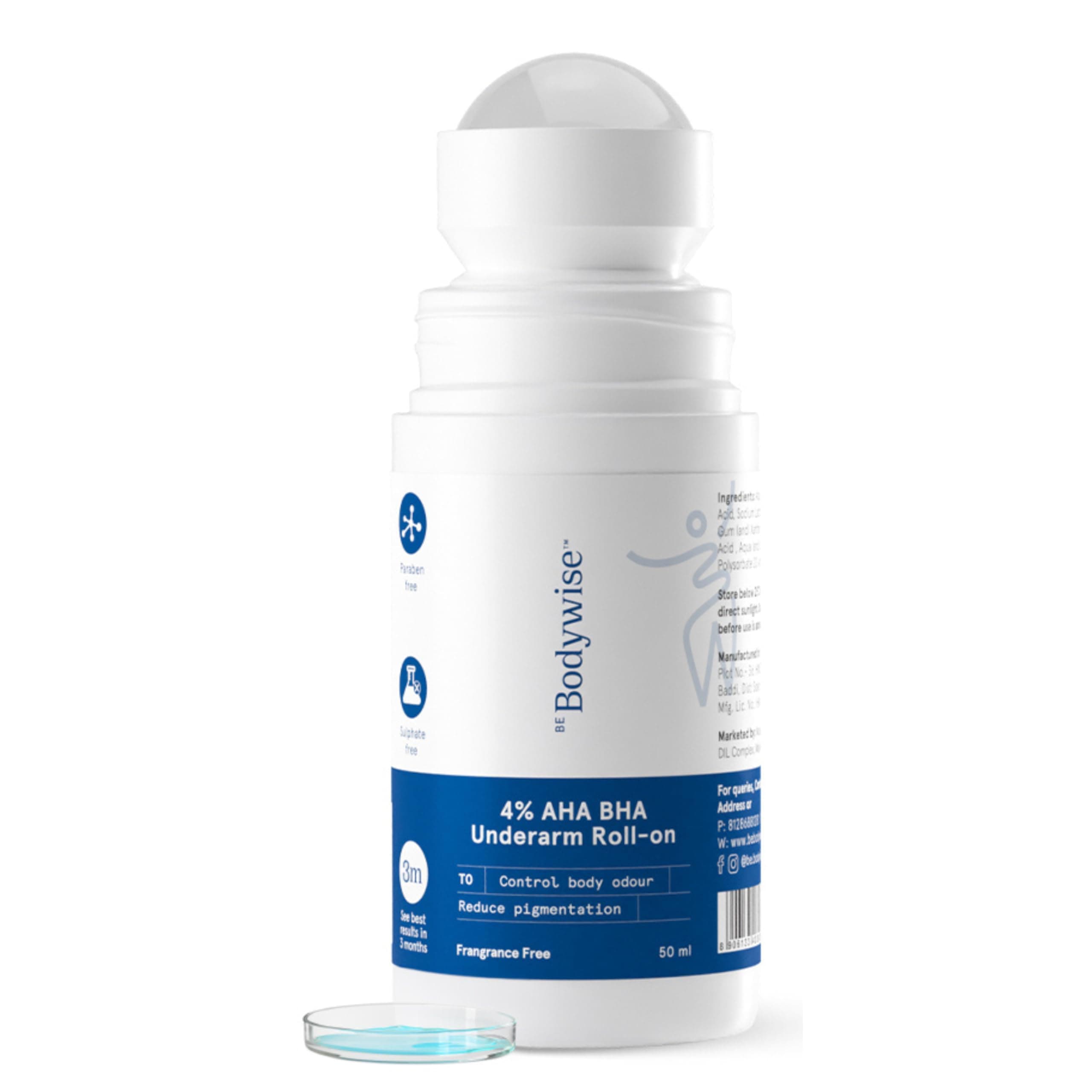 Be Bodywise 4% Aha Bha Underarm Roll On 50ml | 2% Lactic Acid, 1% Mandelic Acid, 1% Salicylic Acid | Controls Odour & Reduces Pigmentation for even tone | 0% Alcohol & 0% Aluminium | Fragrance Free