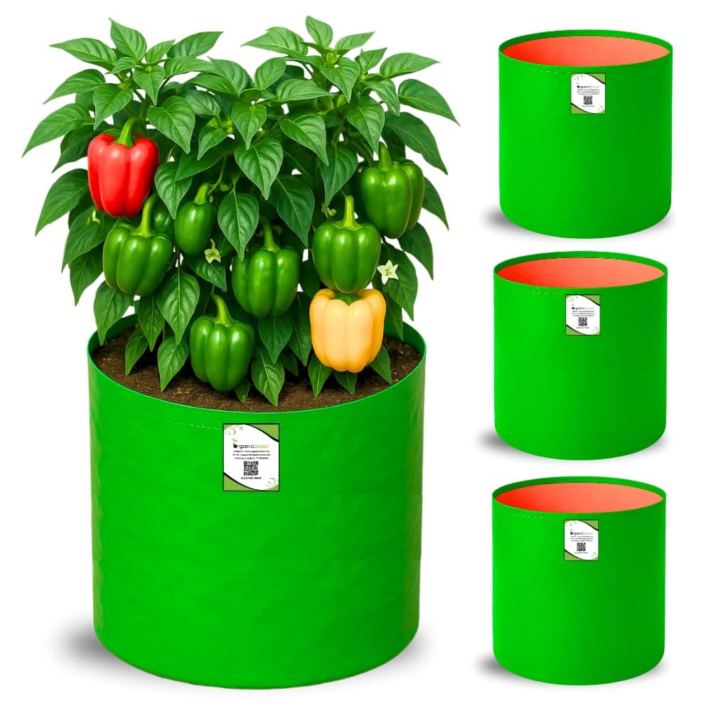 ORGANIC BAZAR 15x15 Grow Bags for Terrace Gardening, Premium HDPE Green-Orange Planters for Vegetables Plants (Pack of 4)