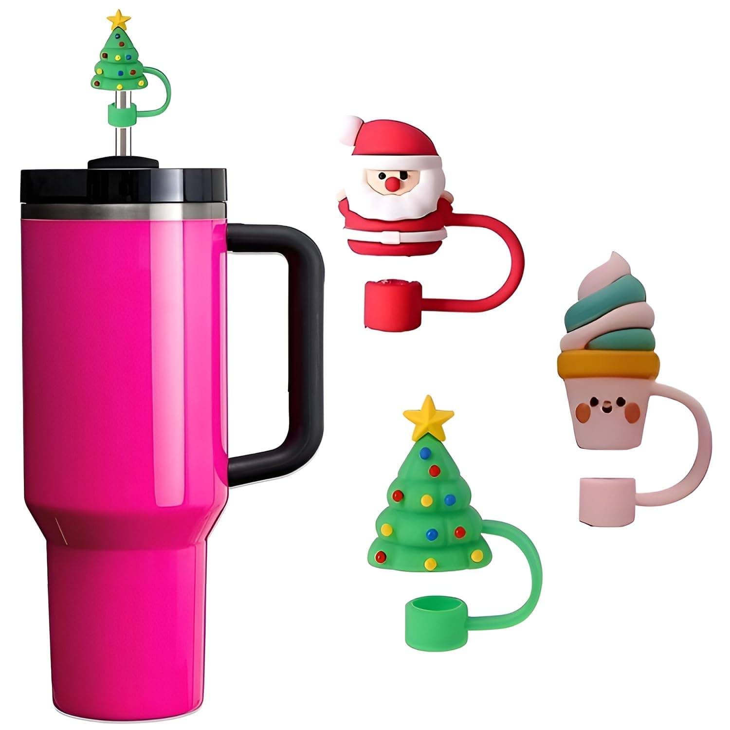 MISHI 3Pcs Silicone Straw Cover Caps for Stanley Tumbler 10mm Straws, Ice Cream Santa Claus Christmas Tree Designs, Reusable Dustproof Protectors, BPA Free Silicone Accessories