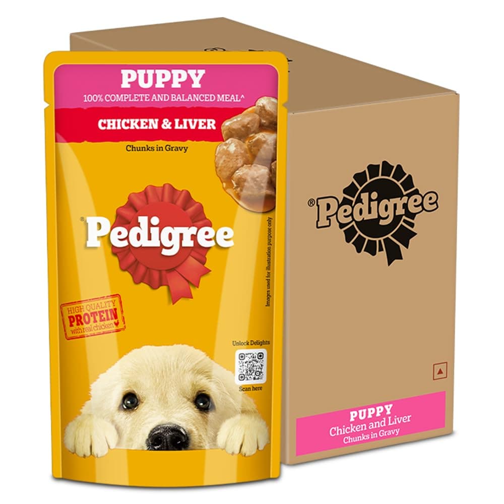 Pedigree Puppy Wet Dog Food, Chicken & Liver Chunks in Gravy, 130 g (Pack of 12), Complete & Balanced Meal for Puppies