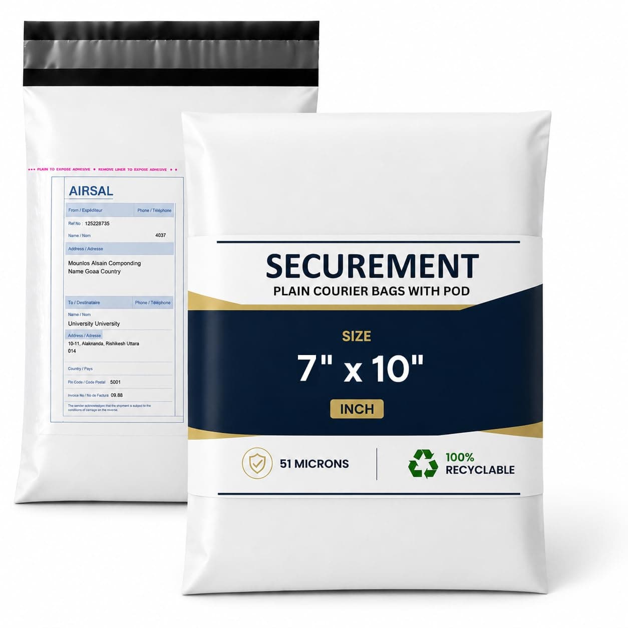 Securement Plastic Tamper Proof Polybag/Courier Bag with Pod for Packing, 51 Micron, 7 Inch x 10 Inch, White and Black, Pack of 1000