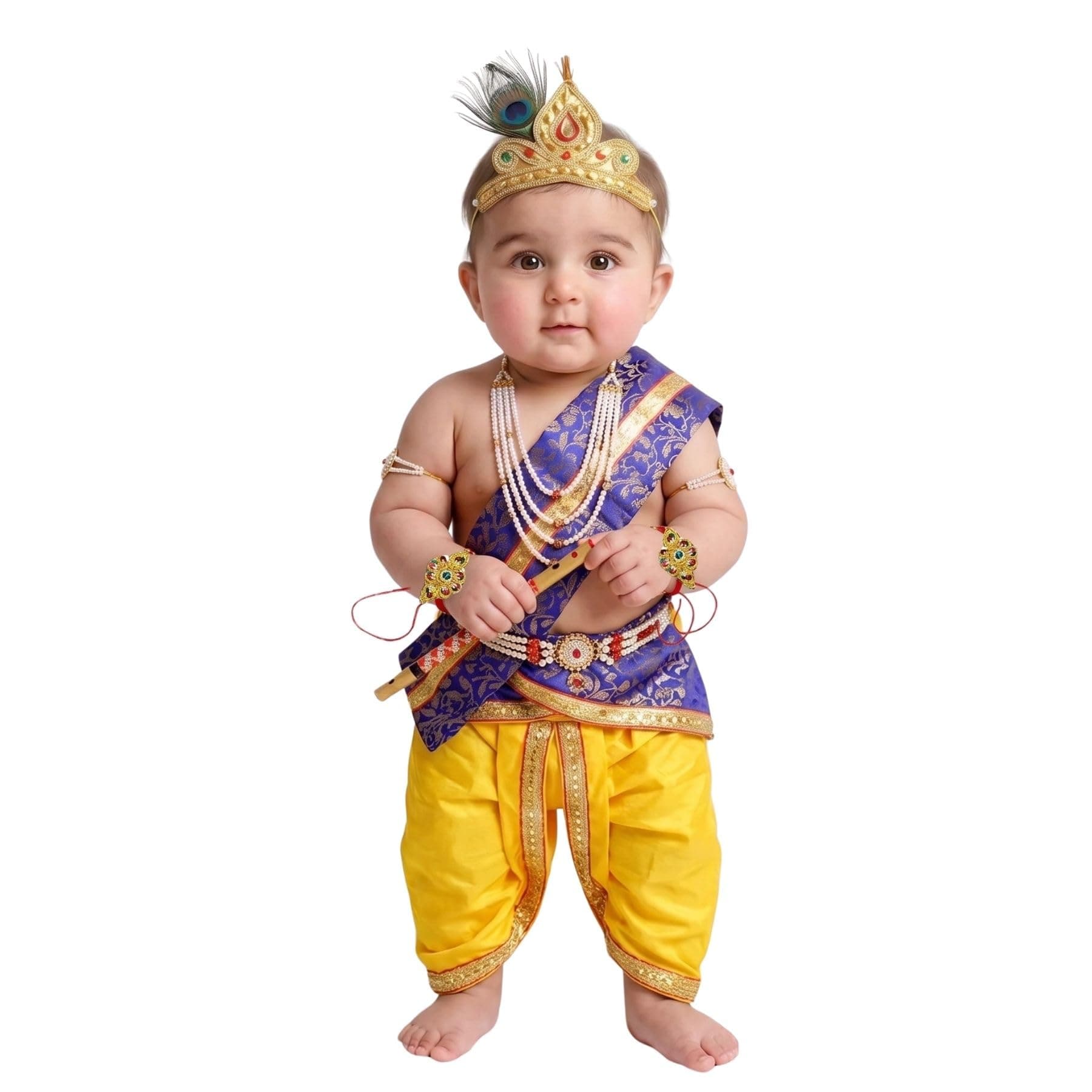 Kaku Fancy Dresses Silk,Polyester Krishna Costume For Kids Infant Baby Krishna Dress For Boys (Blue Dhoti, Patka(Stole), Belt, Mukut, 5 Layer Pearl Mala, Bajuband, Earrings, Bansuri & Morpankh)