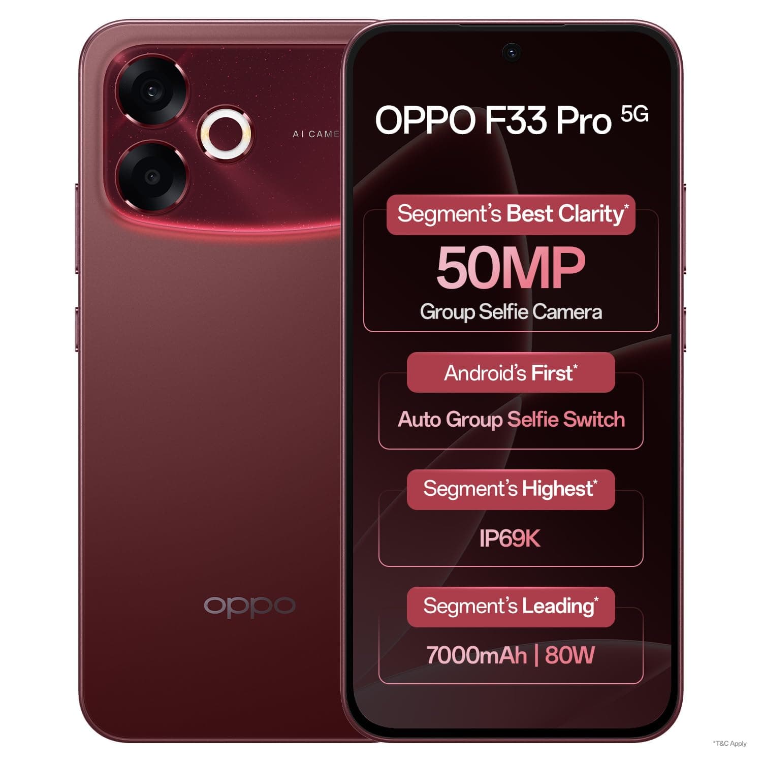 Oppo F33 Pro 5G Smartphone (8GB RAM, 256GB Storage, Passion Red) |50MP Ultrawide Selfie Camera|7000 mAh Long Battery Life | 80W Fast Charging-with No Cost EMI/Bank Offers