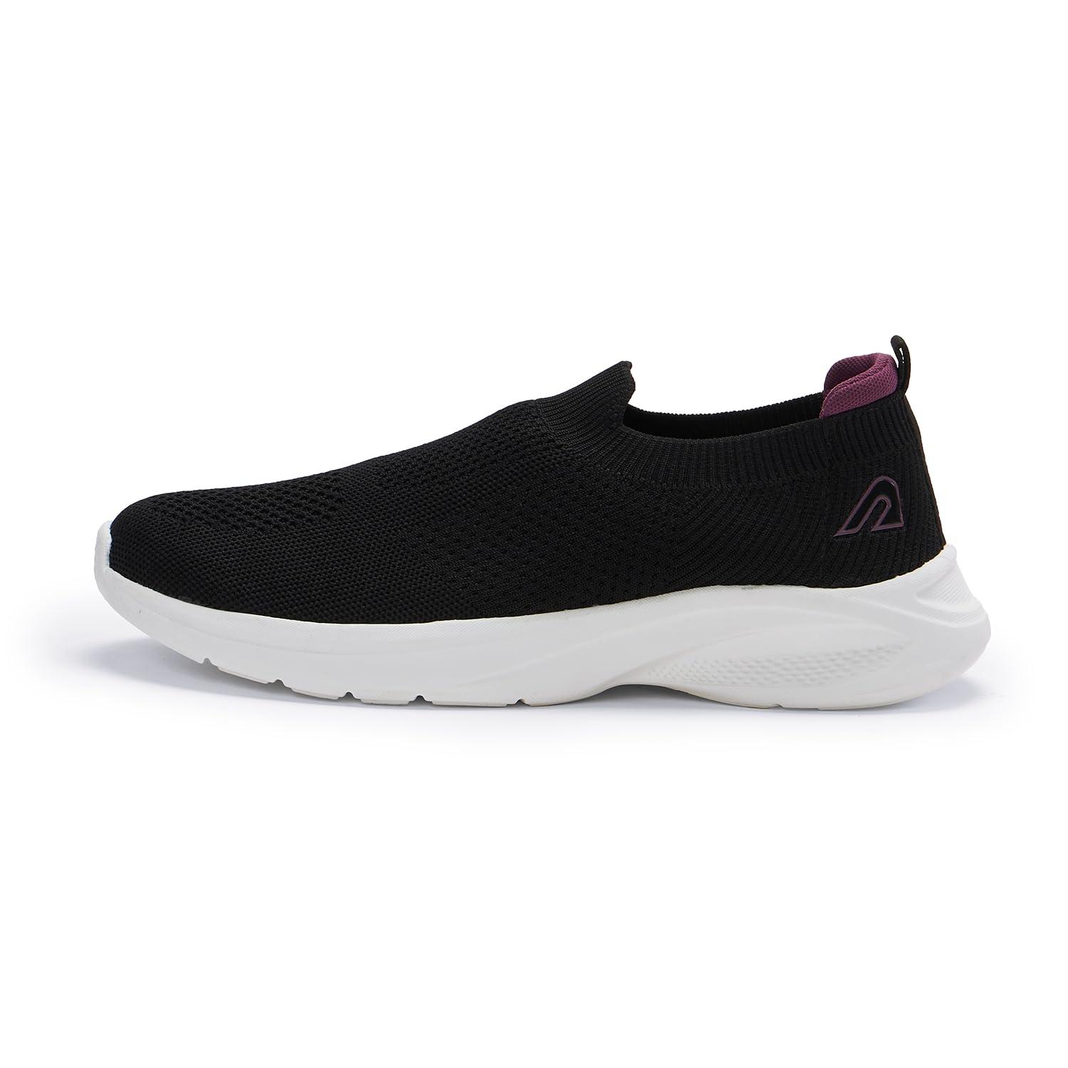Boldfit Breathable Slip-On Women Walking Shoes with Knit Upper,Memory Foam Insole, Eva Outsole & Padded Heel for All-Day Comfort & Support Slip On Shoes Woman Black