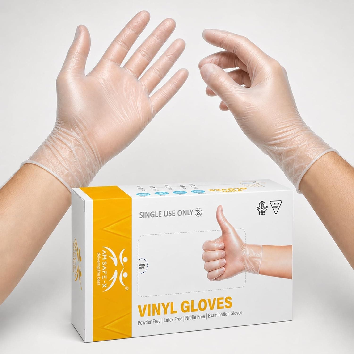 AMSAFE-X Disposable Vinyl Hand Gloves 100psc | Powder Free, Latex Free, Nitrile Free | Clear Examination Gloves, Food Safe Multipurpose Gloves for Cooking, Cleaning, Salon & Household Use Small