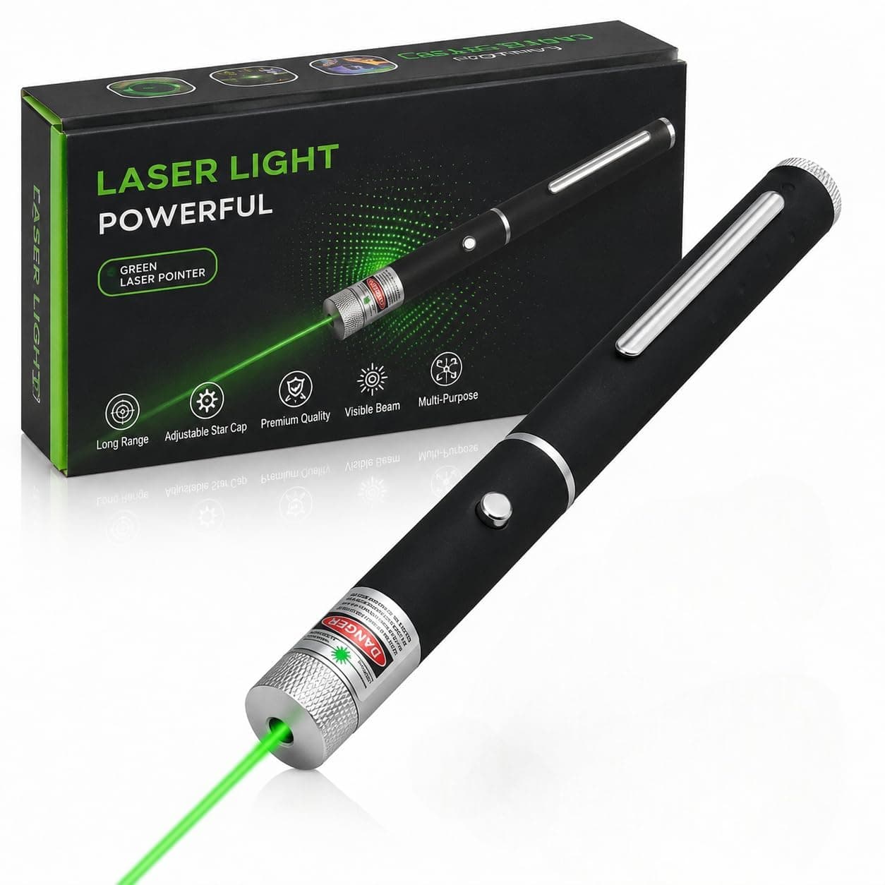 J.M Party & Fun Green Laser Pointer Pen – Long Range High Visibility Laser Beam with Pocket Clip, Anti-Slip Grip & Push Button for Presentation, Teaching & Astronomy (Battery Not Included)