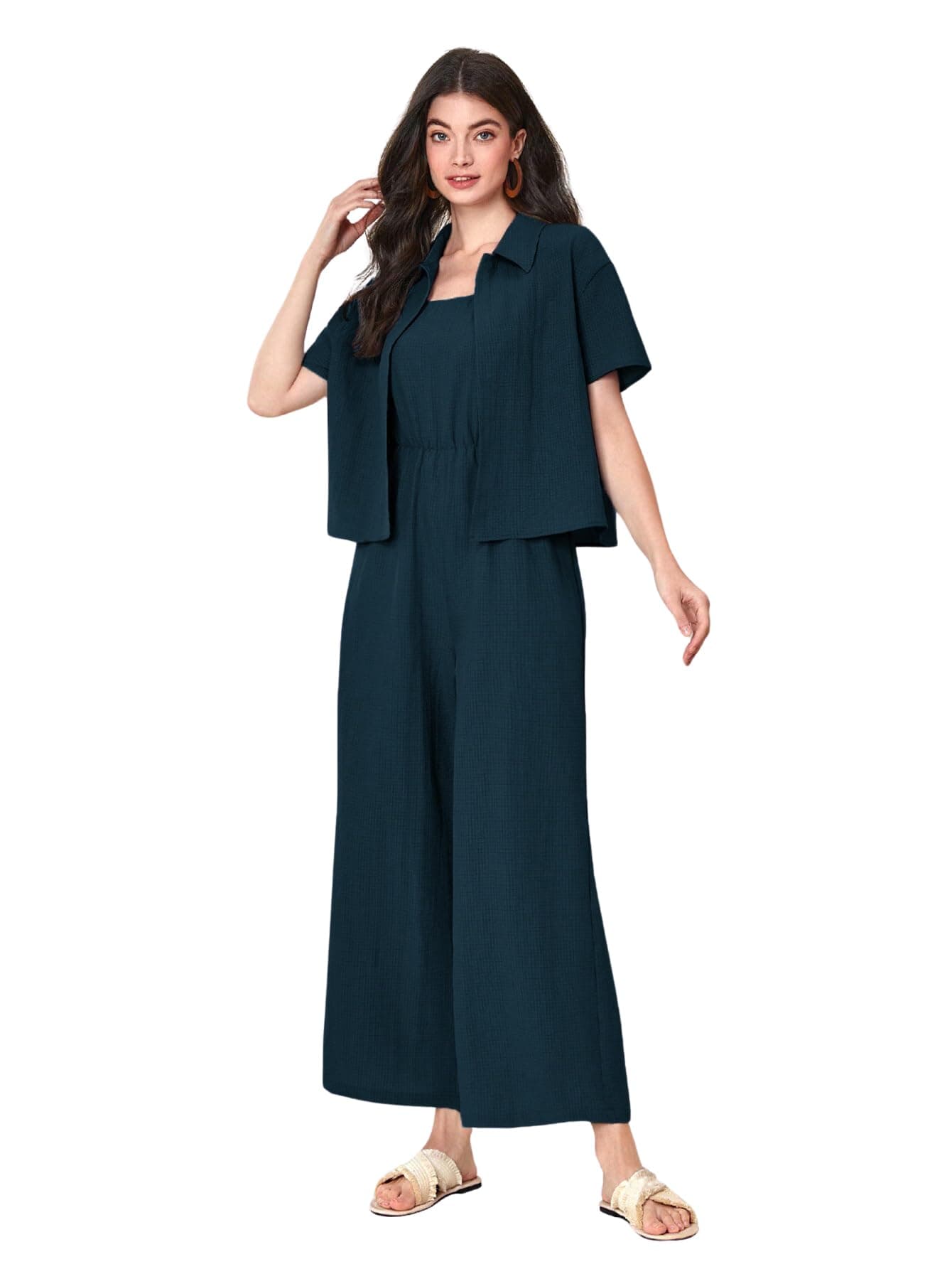 TOPLOT Women's Jumpsuit Co-ord Set | Soft Breathable Feel | Comfortable Fit with Easy Movement | Stylish One-Piece Outfit Design | Perfect for Casual & Travel (Jump-Suit-5225-Teal-M)