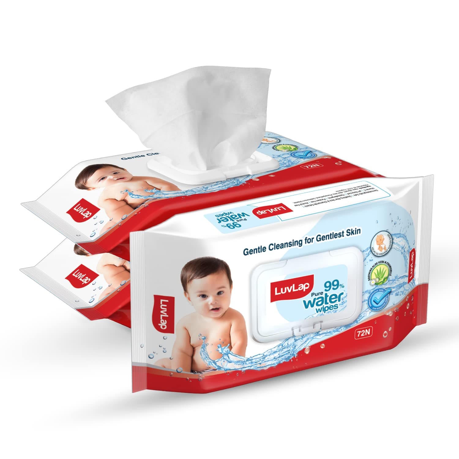 LuvLap Paraben Free 99% Pure Water Nourishing Baby Wipes, with Fliptop Lid (72 Wipes/Pack, Pack of 3)