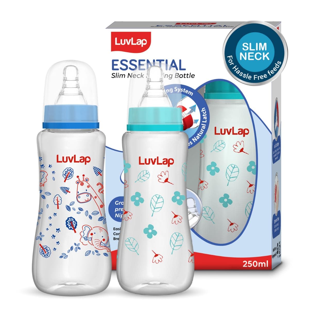 LuvLap Anti-Colic Slim/Regular Neck Essential Baby Plastic Feeding Bottle, 250Ml (Pack of 2), New Born/Infants/Toddler Upto 3 Years, Jungle Tales & Wild Flowers, BPA Free,Blue