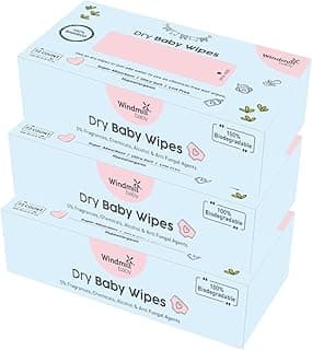 Windmill baby Natural Dry Baby Wipes, 100% Hypoallergenic Chemical Free Wipes, Fragrance Free, for rash free diapering, perfect for newborns, 20cm x 20cm - Pack of 3 (72 count each)