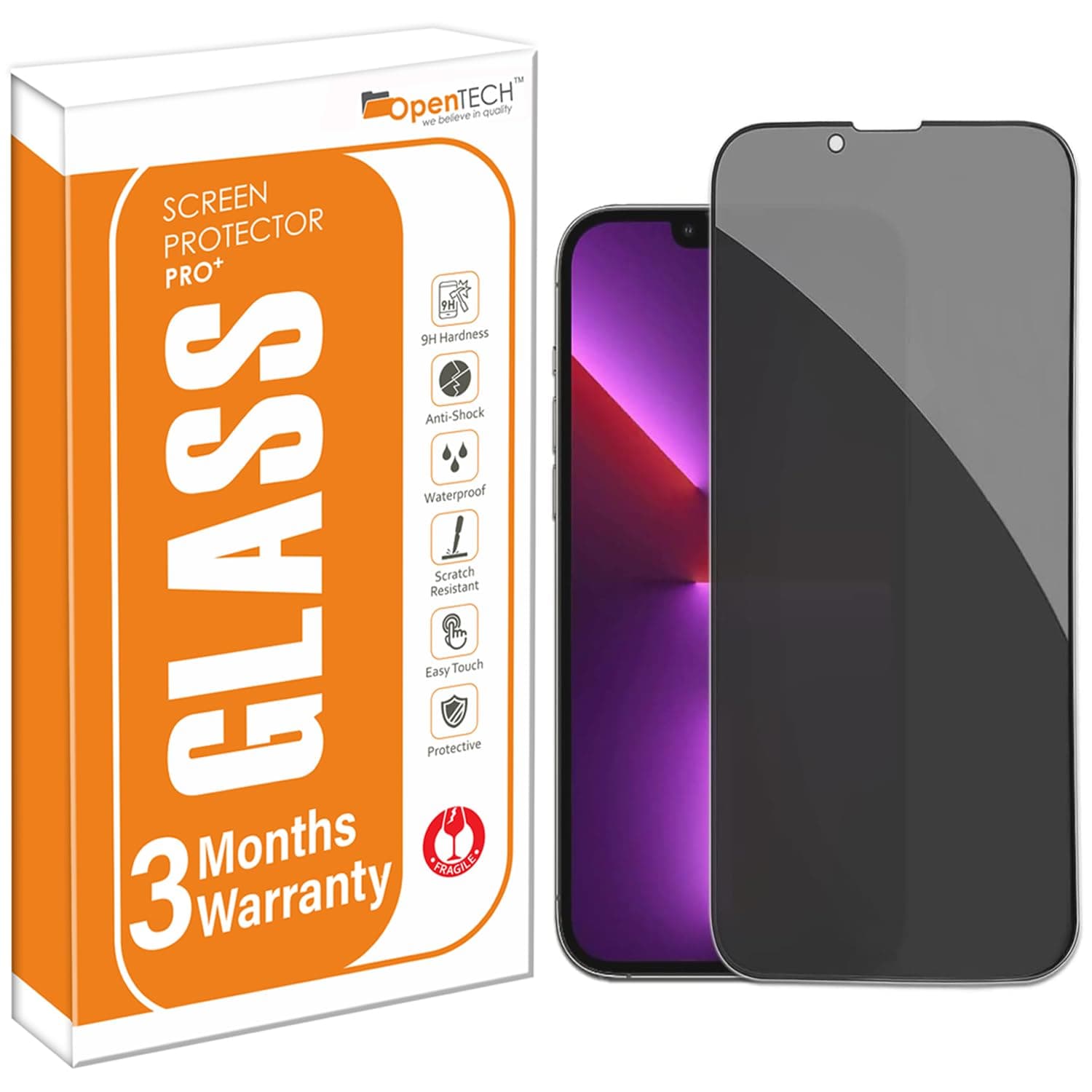 OpenTech® Privacy Tempered Glass Screen Protector Compatible for iPhone 13/13 Pro / 14 / 16e / 17e (6.1 Inches) with Edge to Edge Coverage and Easy Installation kit