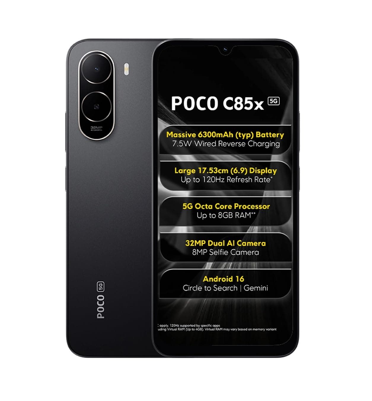 POCO C85x 5G Smartphone, Elite Black, 6.9 Inch Display, 32MP Dual AI Camera, 6300mAh Battery, 64GB Storage, 4GB RAM, Android 16
