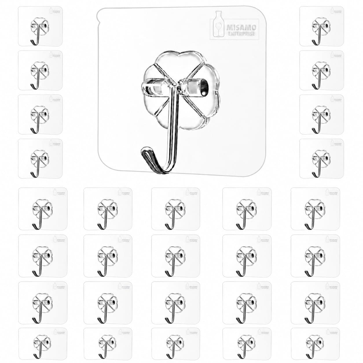 Misamo Enterprise PVC Wall Hooks for Bathroom Accessories Without Drill, Pack of 30, Transparent
