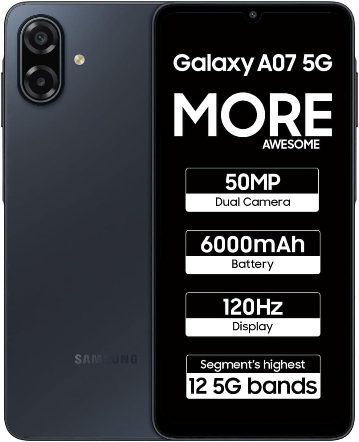 Samsung Galaxy A07 5G (Black, 4GB RAM, 128GB Storage) | 6.7 inch HD+ 120Hz Display | MediaTek Dimensity 6300 | 50MP + 2MP Rear Camera | 6000 mAh Battery