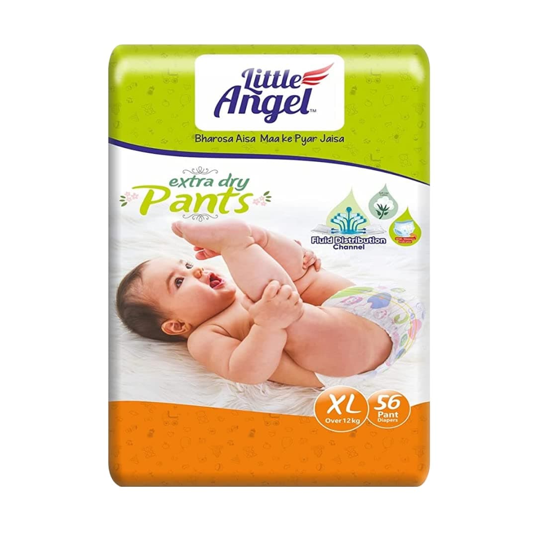 Little Angel Extra Dry Baby Pants Diaper, Extra Large (XL) Size, 56 Count, Super Absorbent Core Up to 12 Hrs Protection & Wetness Indicator, Pack of 1, Over 12kg