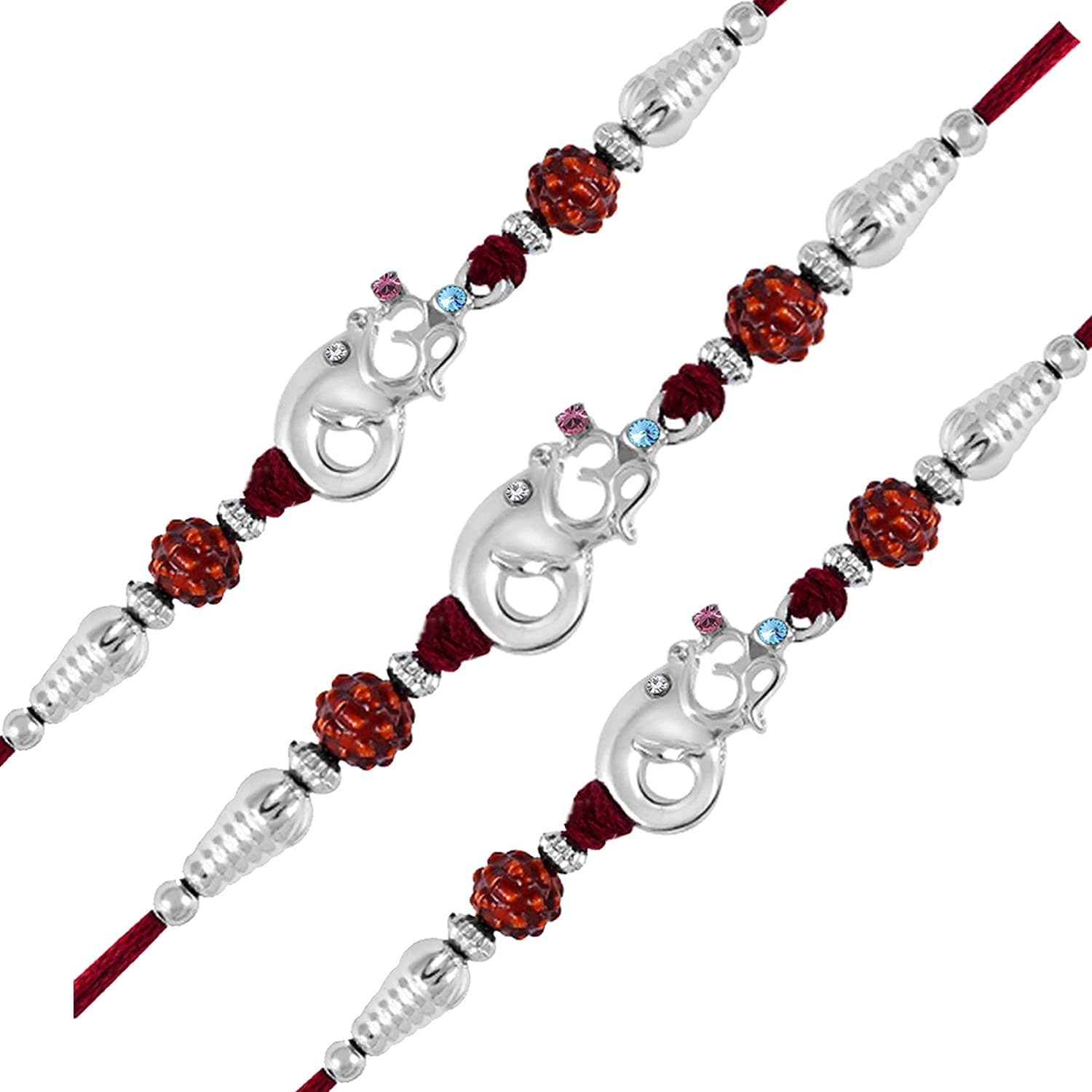 Okos Rhodium Plated Alloy Delicate Ganesha/Ganpati With OM Rakhi Bracelet Studded With Rudraksh And Crystal Stones For Men- Rakhi for Brother, Bhaiya, Bhai RK1000386C_3 (Pack of 3)